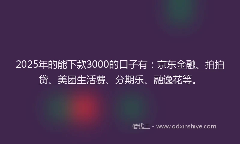 2025年的能下款3000的口子有：京东金融、拍拍贷、美团生活费、分期乐、融逸花等。