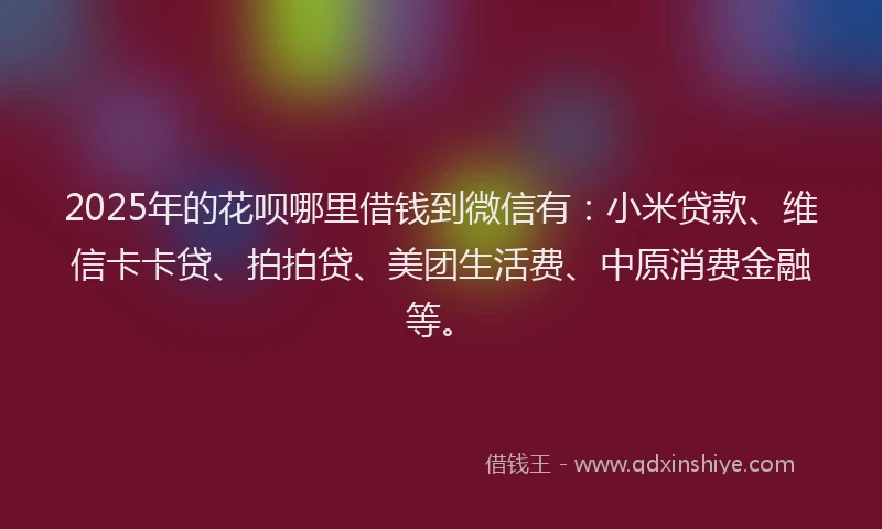 2025年的花呗哪里借钱到微信有：小米贷款、维信卡卡贷、拍拍贷、美团生活费、中原消费金融等。