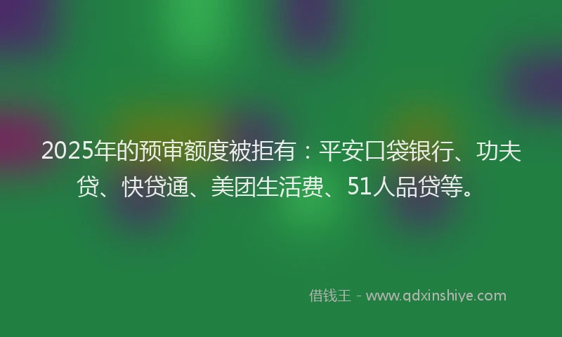 2025年的预审额度被拒有：平安口袋银行、功夫贷、快贷通、美团生活费、51人品贷等。