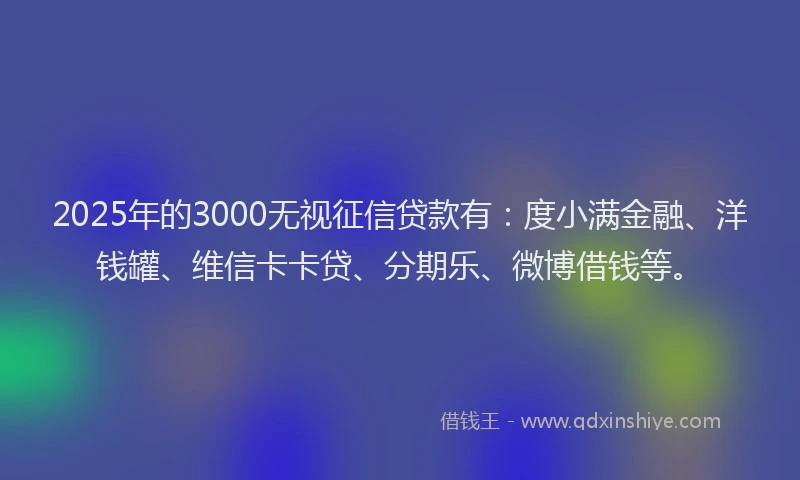 2025年的3000无视征信贷款有：度小满金融、洋钱罐、维信卡卡贷、分期乐、微博借钱等。
