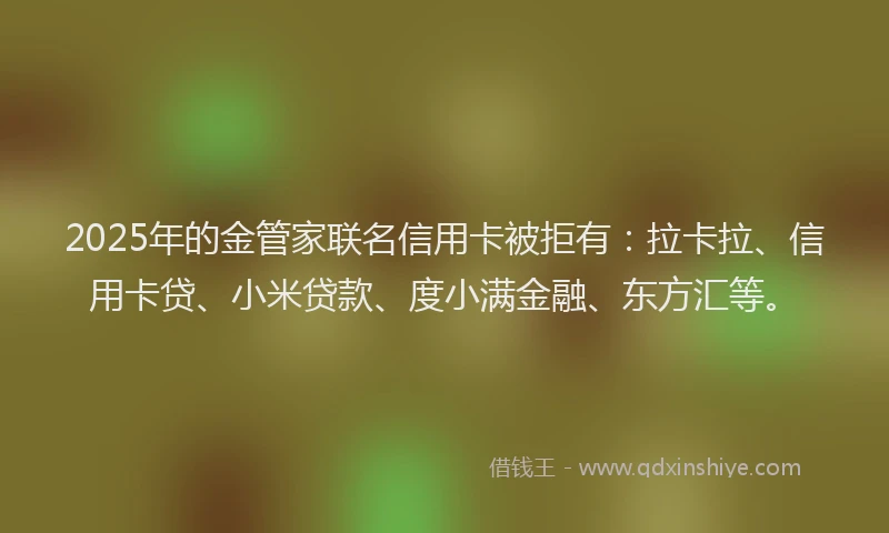 2025年的金管家联名信用卡被拒有：拉卡拉、信用卡贷、小米贷款、度小满金融、东方汇等。