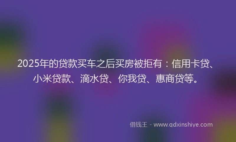2025年的贷款买车之后买房被拒有：信用卡贷、小米贷款、滴水贷、你我贷、惠商贷等。