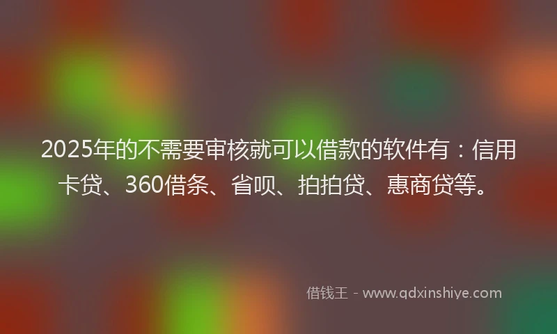 2025年的不需要审核就可以借款的软件有：信用卡贷、360借条、省呗、拍拍贷、惠商贷等。