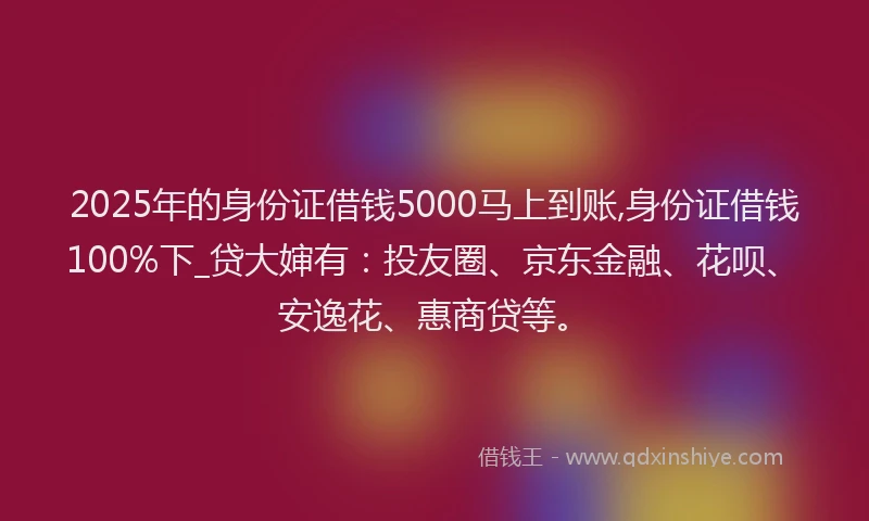 2025年的身份证借钱5000马上到账,身份证借钱100%下_贷大婶有:投友圈、京东金融、花呗、安逸花、惠商贷等。