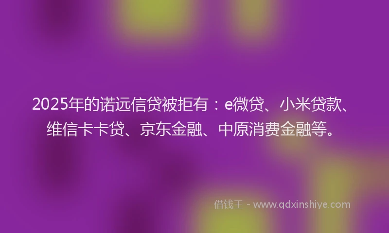 2025年的诺远信贷被拒有：e微贷、小米贷款、维信卡卡贷、京东金融、中原消费金融等。
