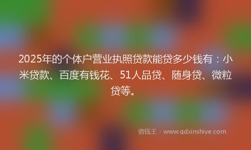 2025年的个体户营业执照贷款能贷多少钱有：小米贷款、百度有钱花、51人品贷、随身贷、微粒贷等。
