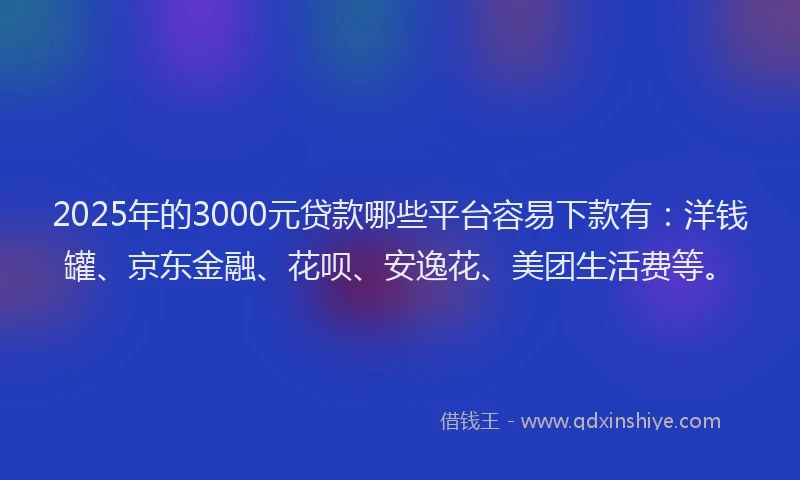 2025年的3000元贷款哪些平台容易下款有：洋钱罐、京东金融、花呗、安逸花、美团生活费等。