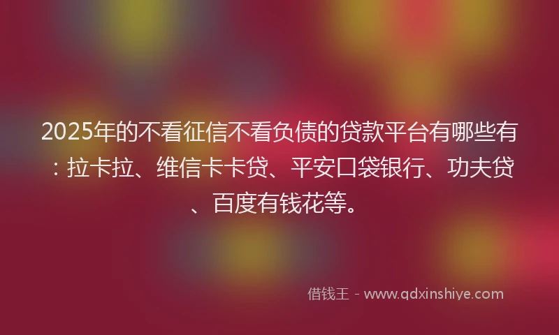 2025年的不看征信不看负债的贷款平台有哪些有：拉卡拉、维信卡卡贷、平安口袋银行、功夫贷、百度有钱花等。