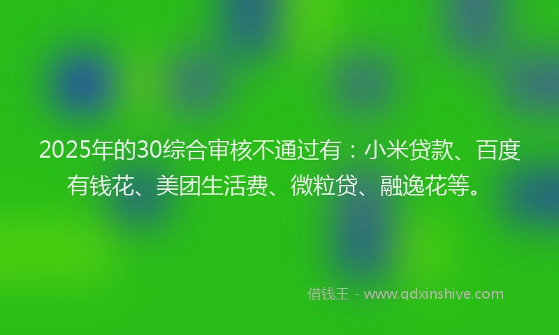 2025年的30综合审核不通过有：小米贷款、百度有钱花、美团生活费、微粒贷、融逸花等。