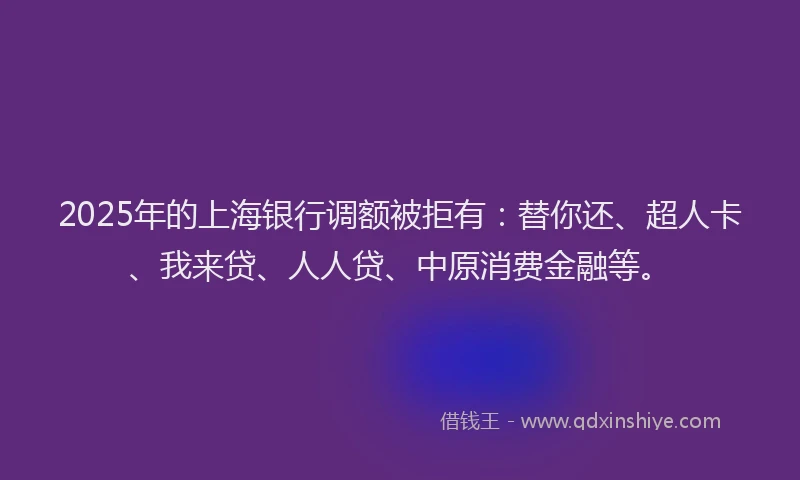 2025年的上海银行调额被拒有：替你还、超人卡、我来贷、人人贷、中原消费金融等。