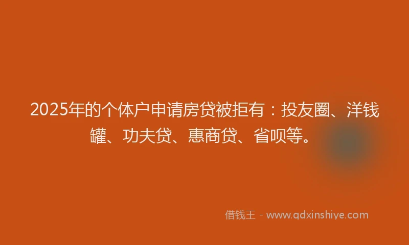 2025年的个体户申请房贷被拒有：投友圈、洋钱罐、功夫贷、惠商贷、省呗等。