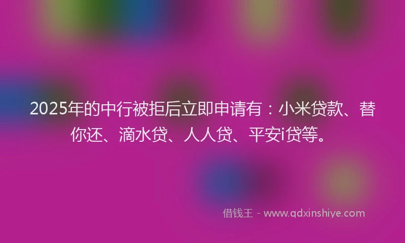 2025年的中行被拒后立即申请有：小米贷款、替你还、滴水贷、人人贷、平安i贷等。
