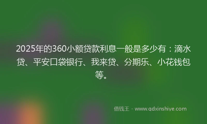 2025年的360小额贷款利息一般是多少有：滴水贷、平安口袋银行、我来贷、分期乐、小花钱包等。