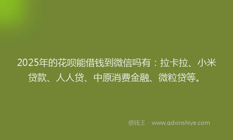 2025年的花呗能借钱到微信吗有：拉卡拉、小米贷款、人人贷、中原消费金融、微粒贷等。