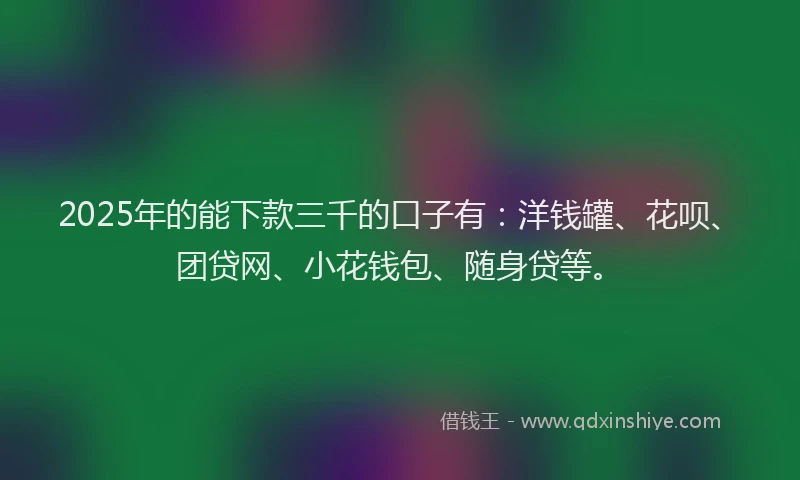 2025年的能下款三千的口子有：洋钱罐、花呗、团贷网、小花钱包、随身贷等。