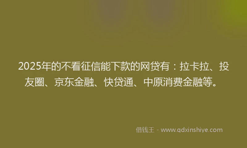 2025年的不看征信能下款的网贷有：拉卡拉、投友圈、京东金融、快贷通、中原消费金融等。
