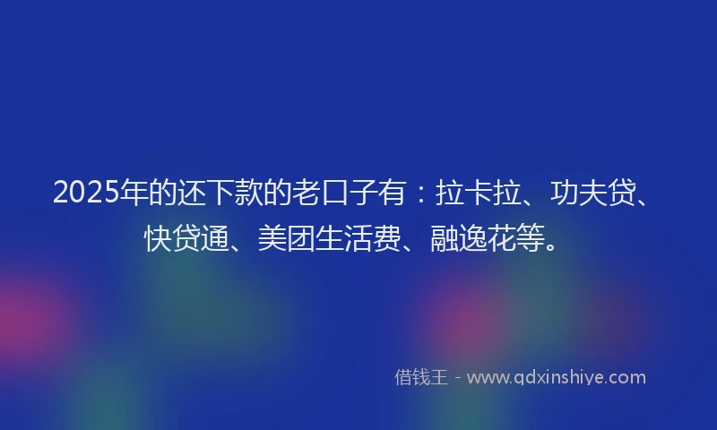 2025年的还下款的老口子有：拉卡拉、功夫贷、快贷通、美团生活费、融逸花等。