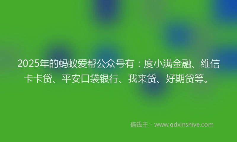 2025年的蚂蚁爱帮公众号有：度小满金融、维信卡卡贷、平安口袋银行、我来贷、好期贷等。