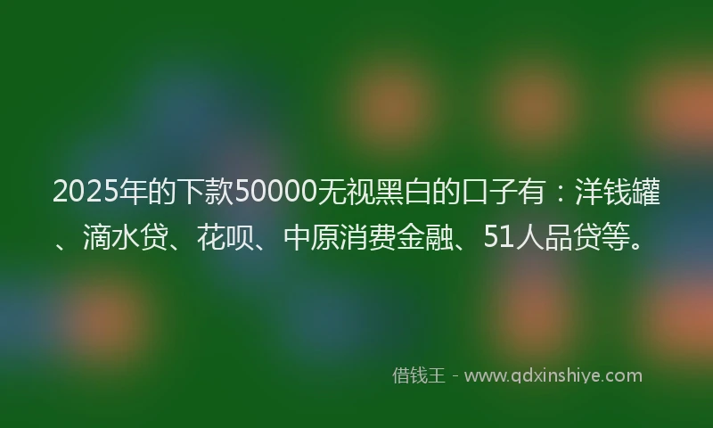 2025年的下款50000无视黑白的口子有：洋钱罐、滴水贷、花呗、中原消费金融、51人品贷等。