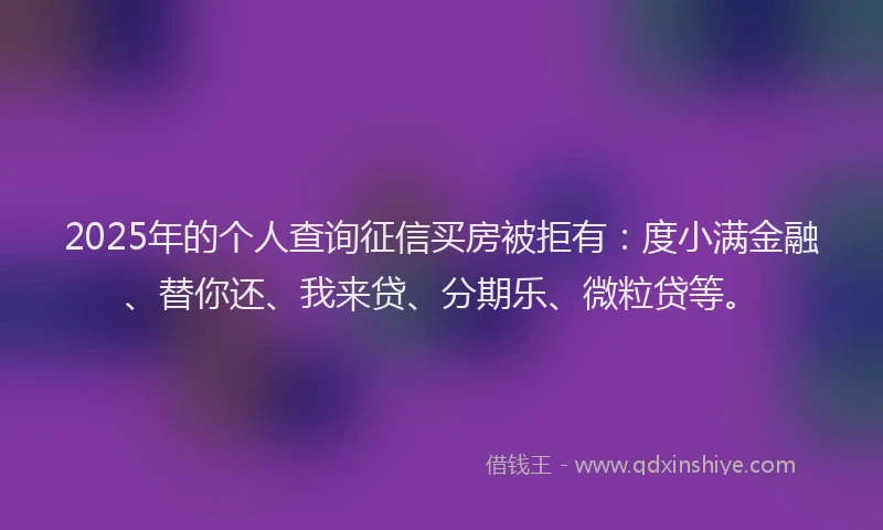 2025年的个人查询征信买房被拒有：度小满金融、替你还、我来贷、分期乐、微粒贷等。