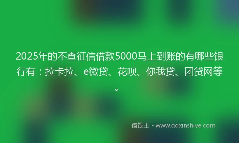 2025年的不查征信借款5000马上到账的有哪些银行有：拉卡拉、e微贷、花呗、你我贷、团贷网等。