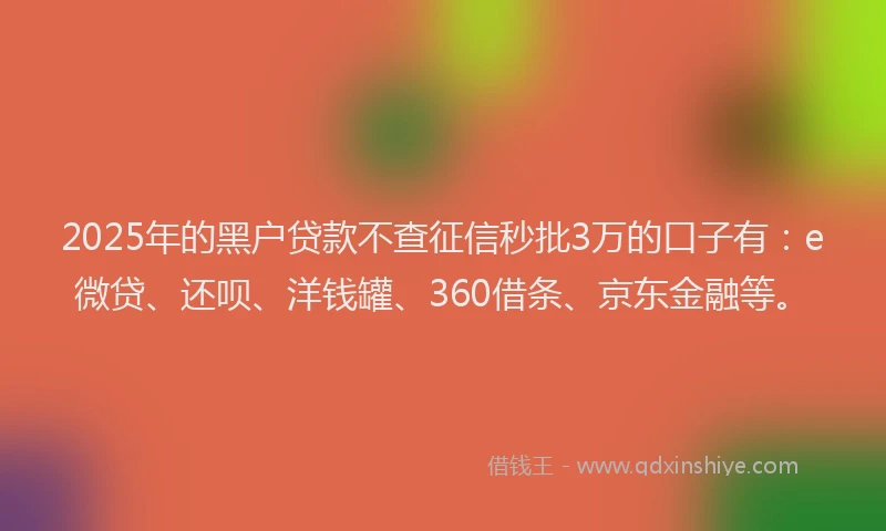 2025年的黑户贷款不查征信秒批3万的口子有：e微贷、还呗、洋钱罐、360借条、京东金融等。