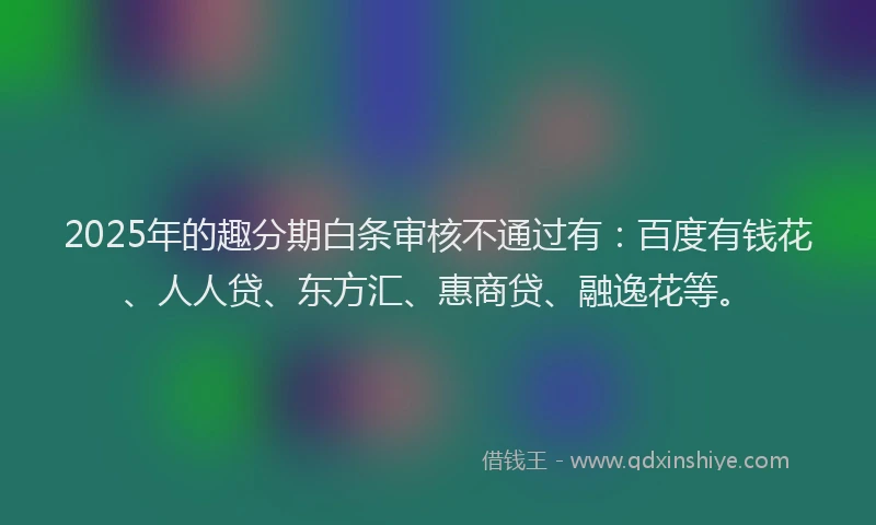 2025年的趣分期白条审核不通过有：百度有钱花、人人贷、东方汇、惠商贷、融逸花等。