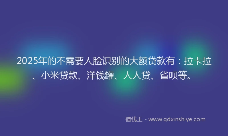 2025年的不需要人脸识别的大额贷款有：拉卡拉、小米贷款、洋钱罐、人人贷、省呗等。
