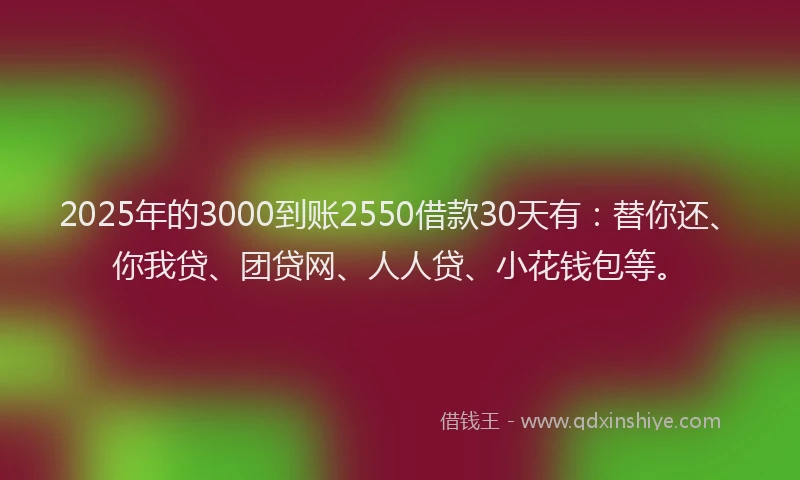 2025年的3000到账2550借款30天有：替你还、你我贷、团贷网、人人贷、小花钱包等。
