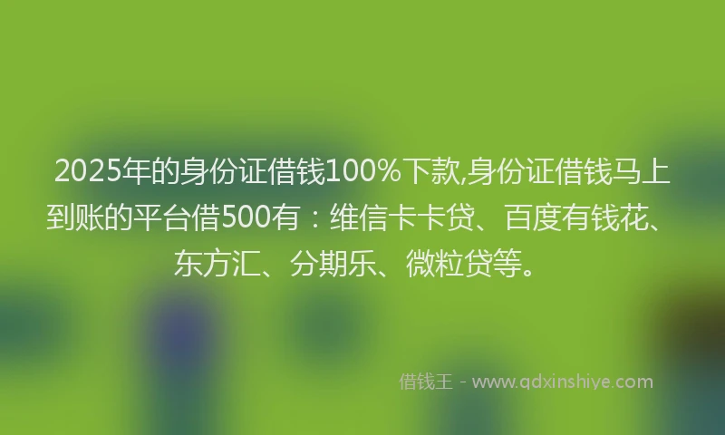 2025年的身份证借钱100%下款,身份证借钱马上到账的平台借500有：维信卡卡贷、百度有钱花、东方汇、分期乐、微粒贷等。