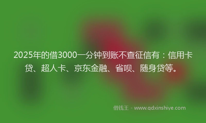 2025年的借3000一分钟到账不查征信有：信用卡贷、超人卡、京东金融、省呗、随身贷等。