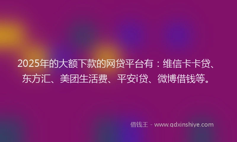 2025年的大额下款的网贷平台有：维信卡卡贷、东方汇、美团生活费、平安i贷、微博借钱等。