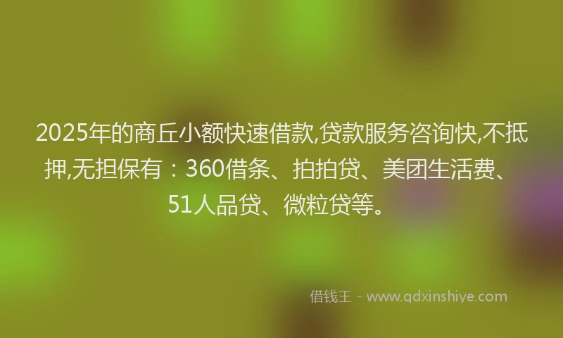 2025年的商丘小额快速借款,贷款服务咨询快,不抵押,无担保有：360借条、拍拍贷、美团生活费、51人品贷、微粒贷等。