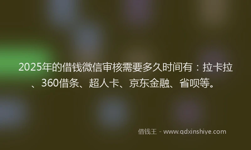 2025年的借钱微信审核需要多久时间有：拉卡拉、360借条、超人卡、京东金融、省呗等。