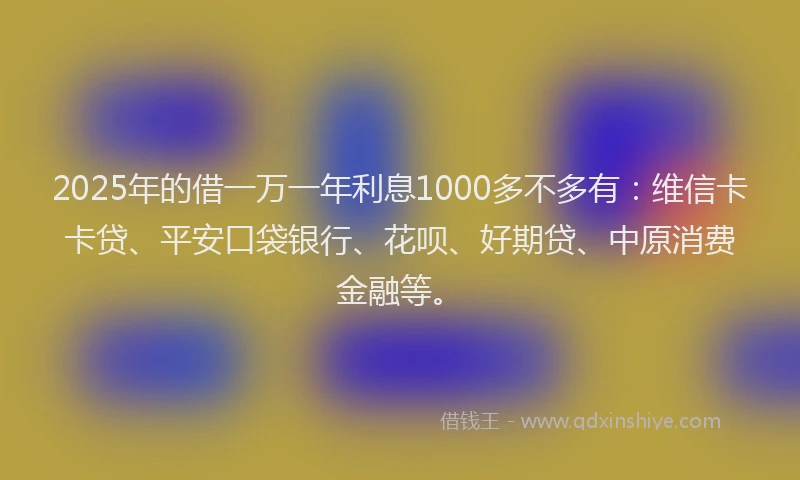 2025年的借一万一年利息1000多不多有：维信卡卡贷、平安口袋银行、花呗、好期贷、中原消费金融等。