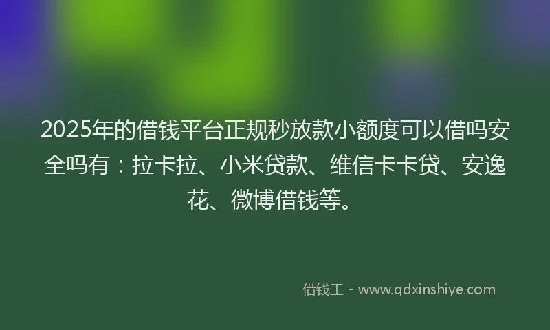 2025年的借钱平台正规秒放款小额度可以借吗安全吗有：拉卡拉、小米贷款、维信卡卡贷、安逸花、微博借钱等。