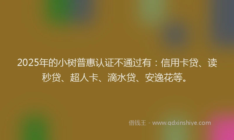 2025年的小树普惠认证不通过有：信用卡贷、读秒贷、超人卡、滴水贷、安逸花等。