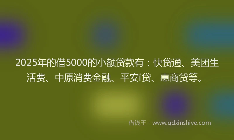 2025年的借5000的小额贷款有：快贷通、美团生活费、中原消费金融、平安i贷、惠商贷等。
