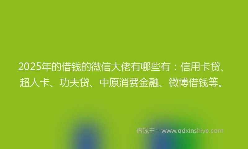 2025年的借钱的微信大佬有哪些有：信用卡贷、超人卡、功夫贷、中原消费金融、微博借钱等。