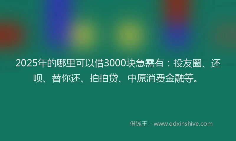 2025年的哪里可以借3000块急需有：投友圈、还呗、替你还、拍拍贷、中原消费金融等。