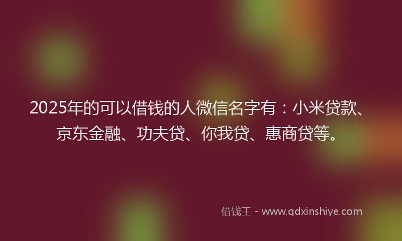 2025年的可以借钱的人微信名字有：小米贷款、京东金融、功夫贷、你我贷、惠商贷等。
