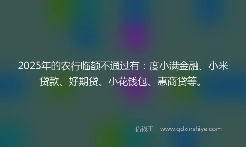 2025年的农行临额不通过有：度小满金融、小米贷款、好期贷、小花钱包、惠商贷等。