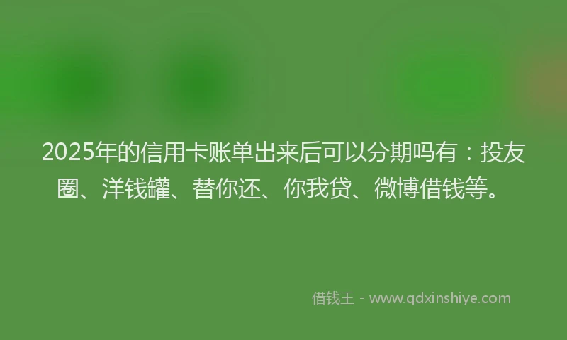 2025年的信用卡账单出来后可以分期吗有：投友圈、洋钱罐、替你还、你我贷、微博借钱等。