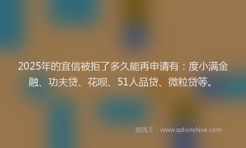 2025年的宜信被拒了多久能再申请有：度小满金融、功夫贷、花呗、51人品贷、微粒贷等。