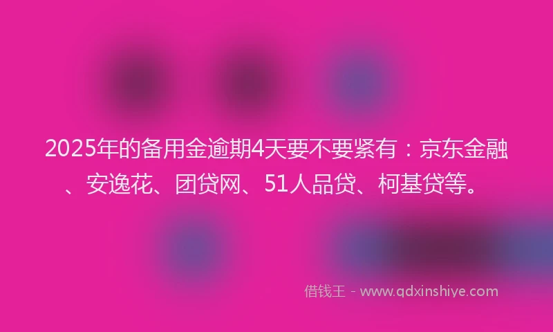 2025年的备用金逾期4天要不要紧有：京东金融、安逸花、团贷网、51人品贷、柯基贷等。