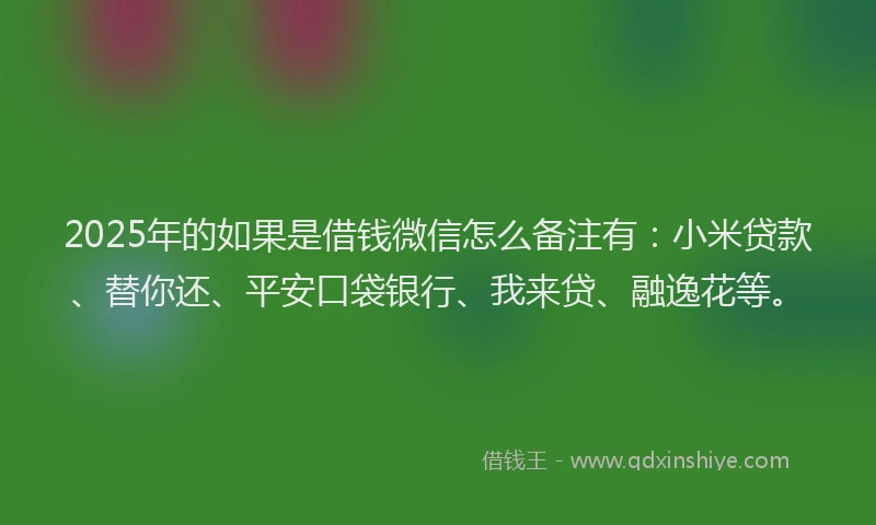 2025年的如果是借钱微信怎么备注有：小米贷款、替你还、平安口袋银行、我来贷、融逸花等。