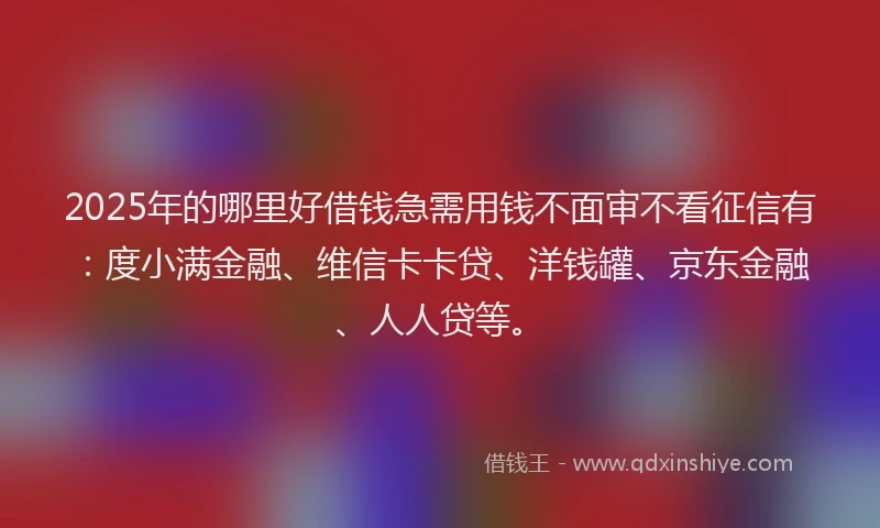 2025年的哪里好借钱急需用钱不面审不看征信有：度小满金融、维信卡卡贷、洋钱罐、京东金融、人人贷等。