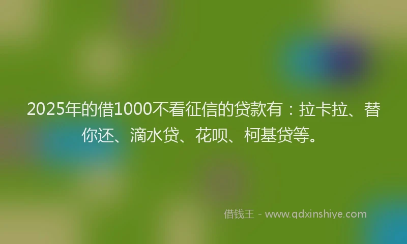 2025年的借1000不看征信的贷款有：拉卡拉、替你还、滴水贷、花呗、柯基贷等。