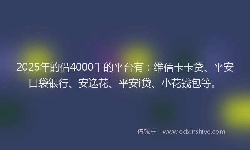 2025年的借4000千的平台有：维信卡卡贷、平安口袋银行、安逸花、平安i贷、小花钱包等。