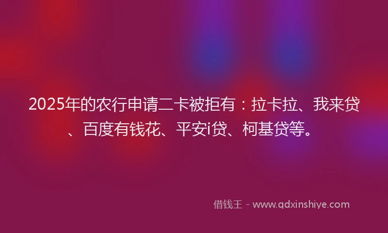 2025年的农行申请二卡被拒有：拉卡拉、我来贷、百度有钱花、平安i贷、柯基贷等。
